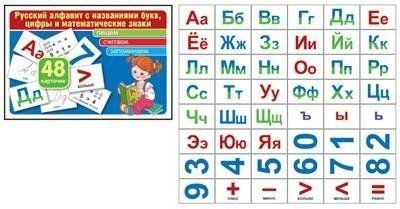 Русский алфавит с названиями букв, цифры и математические знаки (комплект карточек, 48 шт)
